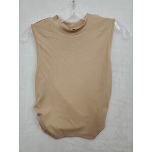 Cider Crop Top Womens Large Beige Ribbed Sleeveless Gathered Sides Mock Neck